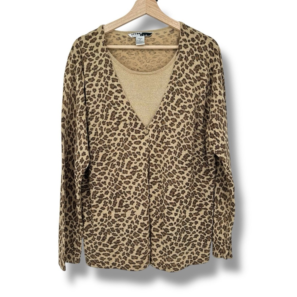 Studio Woman JPR Leopard Silk Blend Metallic Knit Top w/ Cami‎ 1X Y2K Mob Wife